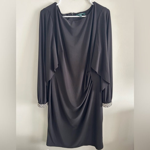 Ralph Lauren Dresses & Skirts - Lauren Ralph Lauren Black Beaded Cuff Draped Dress Size 14 NWT